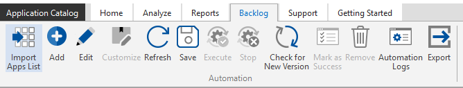 Backlog Tab of Application Manager Ribbon