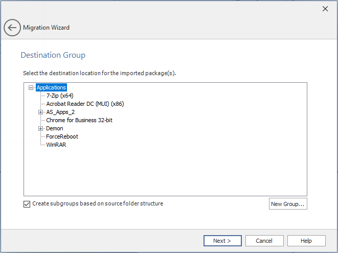 Migration Wizard / Destination Group Panel