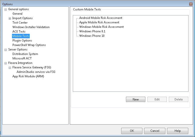 Mobile Tests Tab / Options Dialog Box