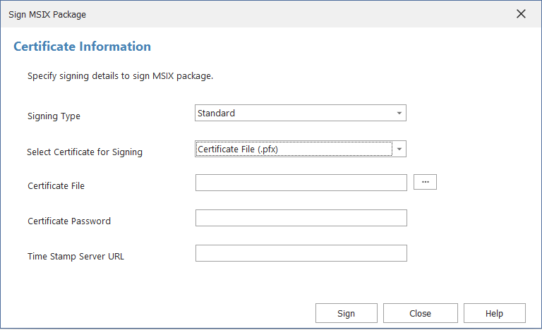 Sign MSIX Package Wizard / Certificate Information Panel